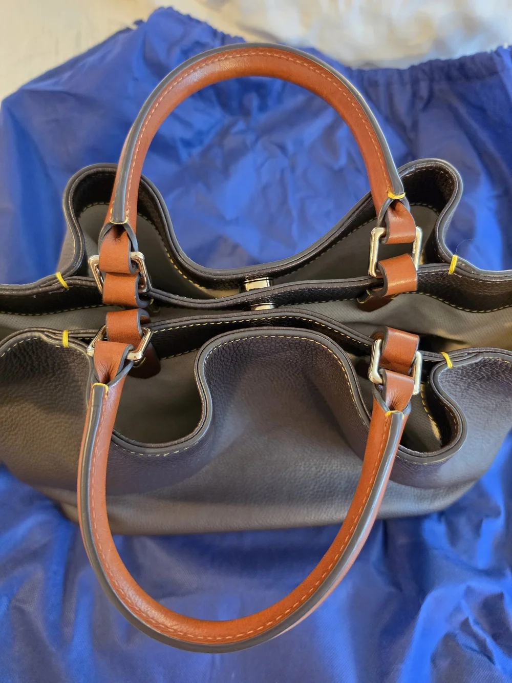 Dooney & Bourke Pebbled Leather Barlow Satchel -dark Brown With Tan Trim